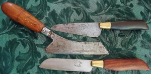 Two French felt and leather cutting knives by Blanchard, Paris; English knife made by J. Tyzack of Sheffield