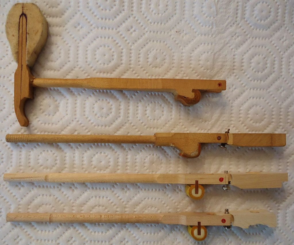 Top to bottom: Thayer shank with hammer; thayer shank & flange; Knabe type shank & flange, with conventional knuckle; Steinway type shank & flange, also with conventional knuckle.