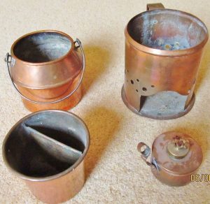 All copper hide glue setup, including alcohol burner, heating shroud, outer pot for water, and inner pot for glue.